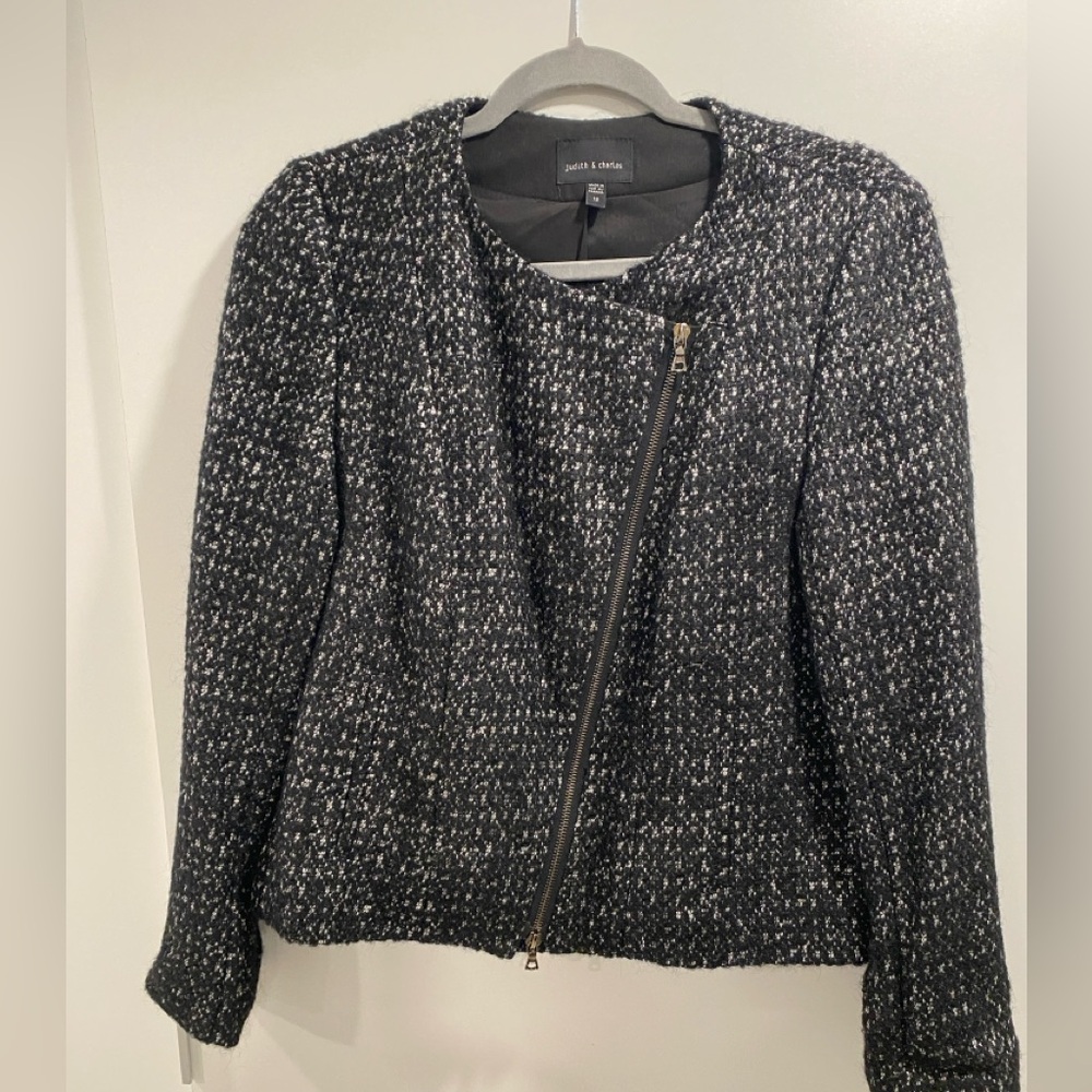 Judith & Charles Black and White Tweed Asymmetric Zip Blazer